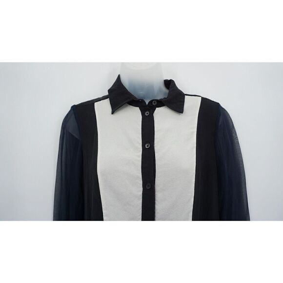 Yigal Azrouel Button Down Shirt Women's Size 4 Black White Colorblock Silk Top - Picture 2 of 11